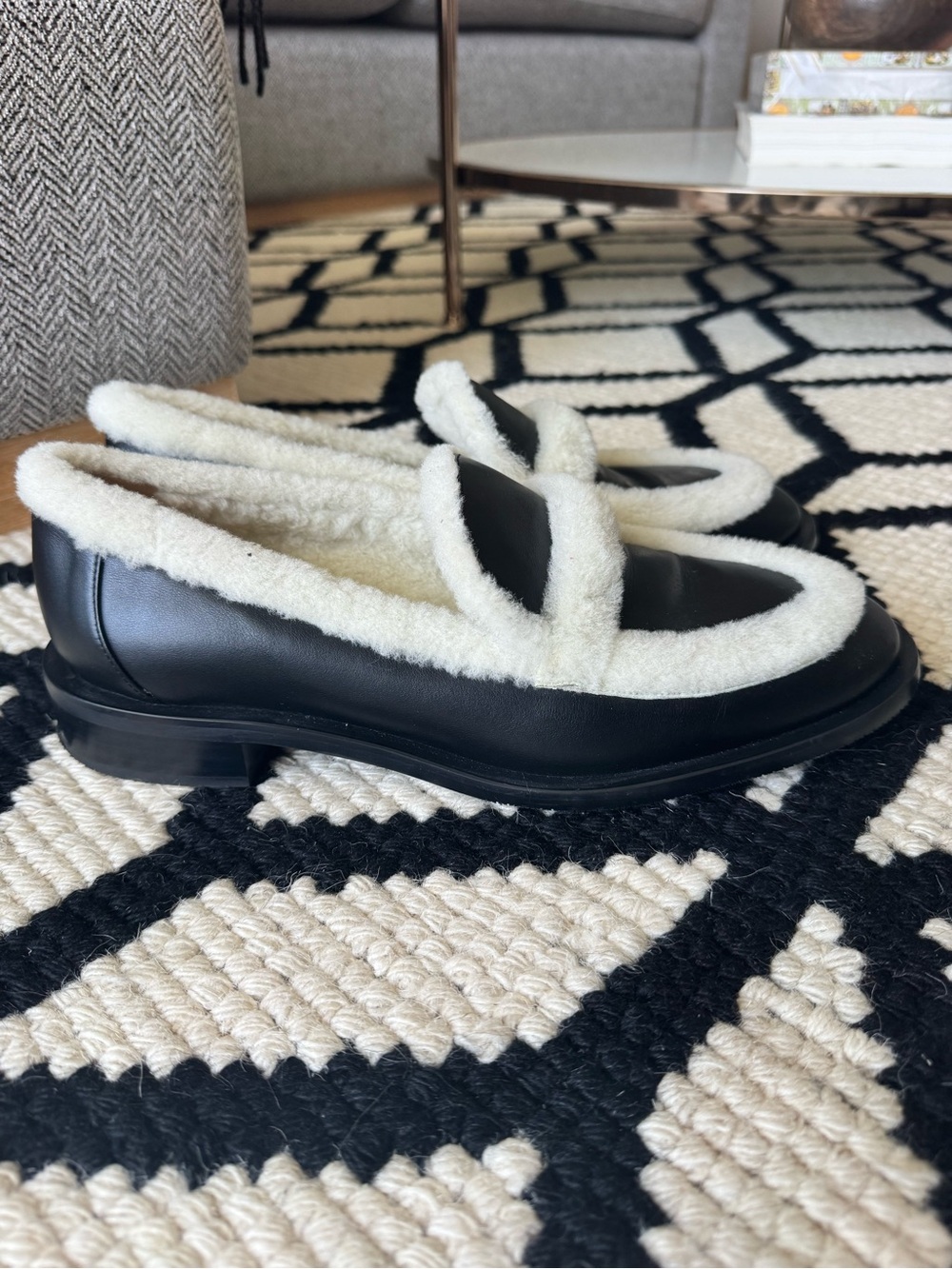 Stuart Weitzman PALMER Black Leather Loafers with White Shearling Trim
